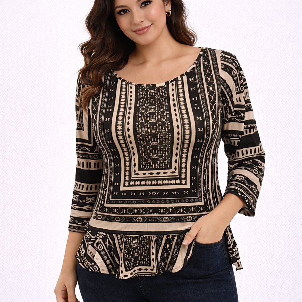 Anthropologie Weston Wear Peplum Top Small Black Beige Geometric